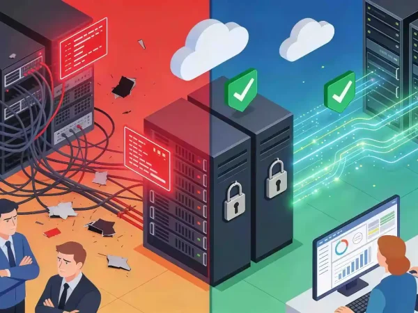 Illustration showing unmanaged IT infrastructure failures compared to secure managed infrastructure systems